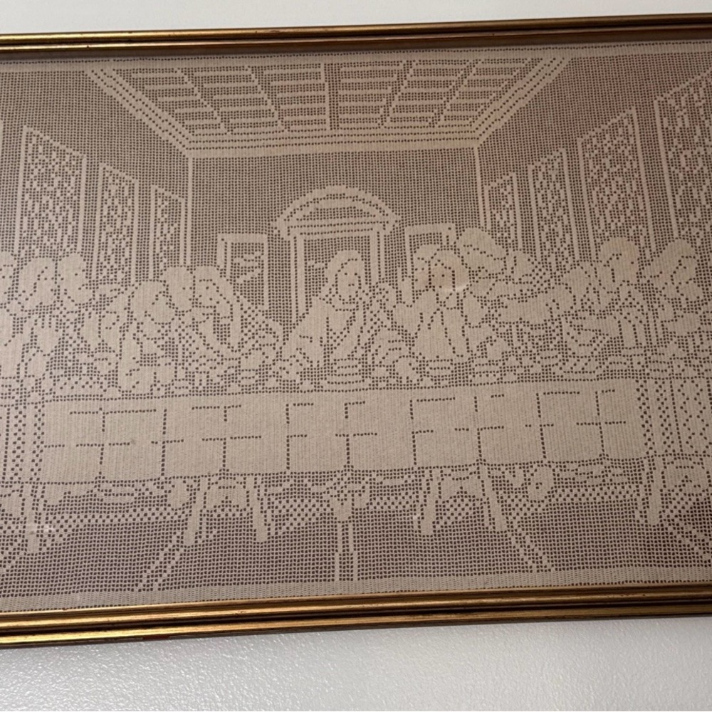 Vintage Large Framed Last Supper Filet Crochet Art